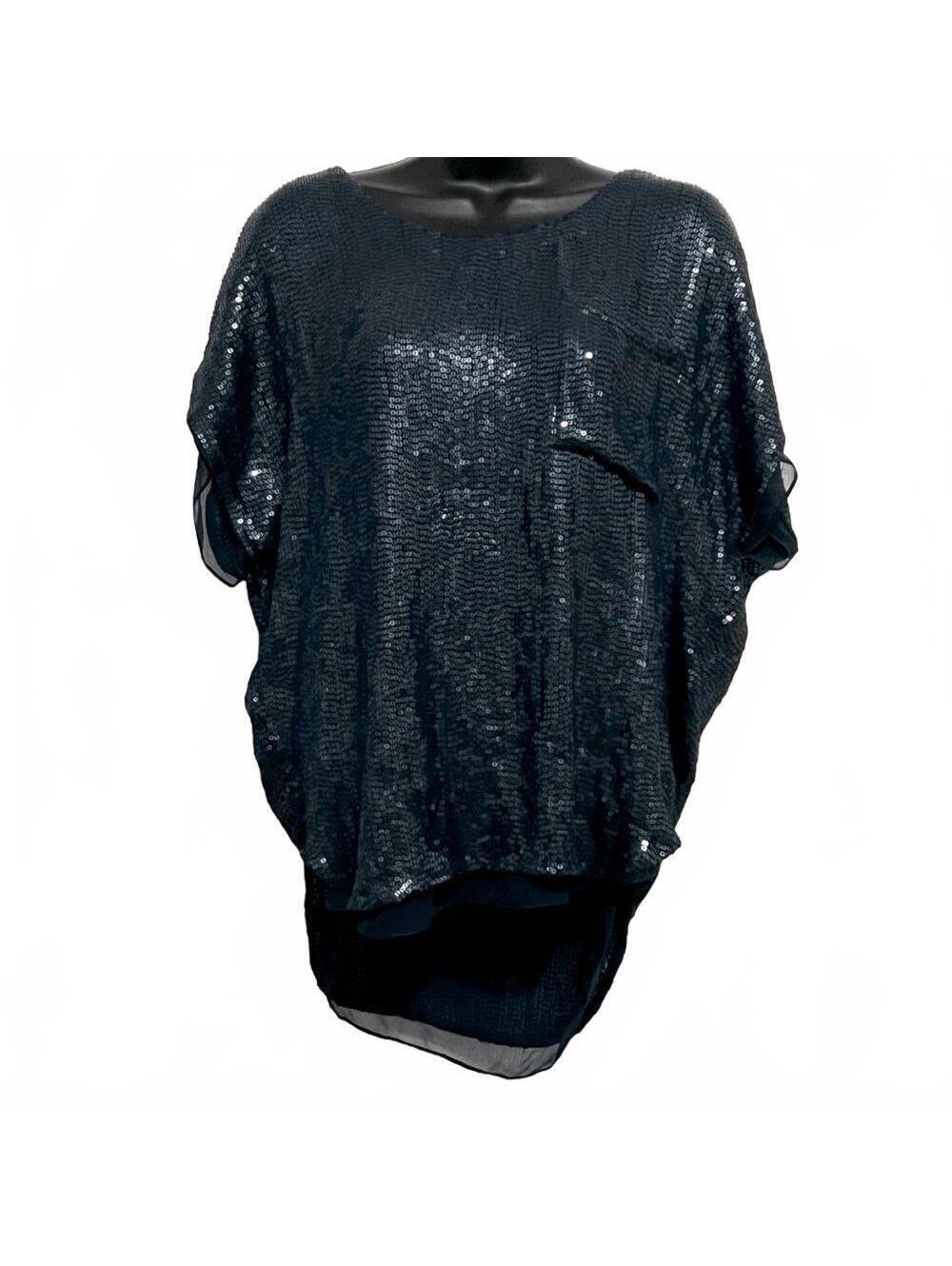 Y2K Joie silk sequin NavyโDrop Shoulder tunic Short Sleeve Oversize top XS VTG